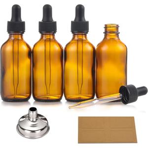 4 Pack, 2 oz Bottles with Dropper & 1 Funnel & 4 Labels - Essential Oils Bottles for Health, Personal Care & Beauty - 60ml Thick Dark Amber Glass Tincture Bottles, Refillable Cosmetic Containers
