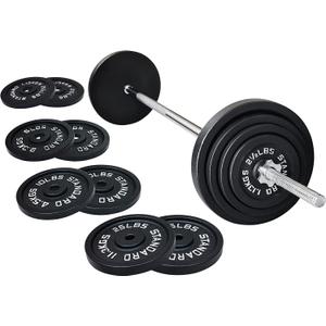 Fitvids Barbell Weight Set, Cast Iron 1" Standard Weight Plates Including 5FT Standard Barbell Bar & Star Locks, 95 Pounds Set (85 Lbs Plates + 10 Lbs Barbell Bar), Multiple Packages