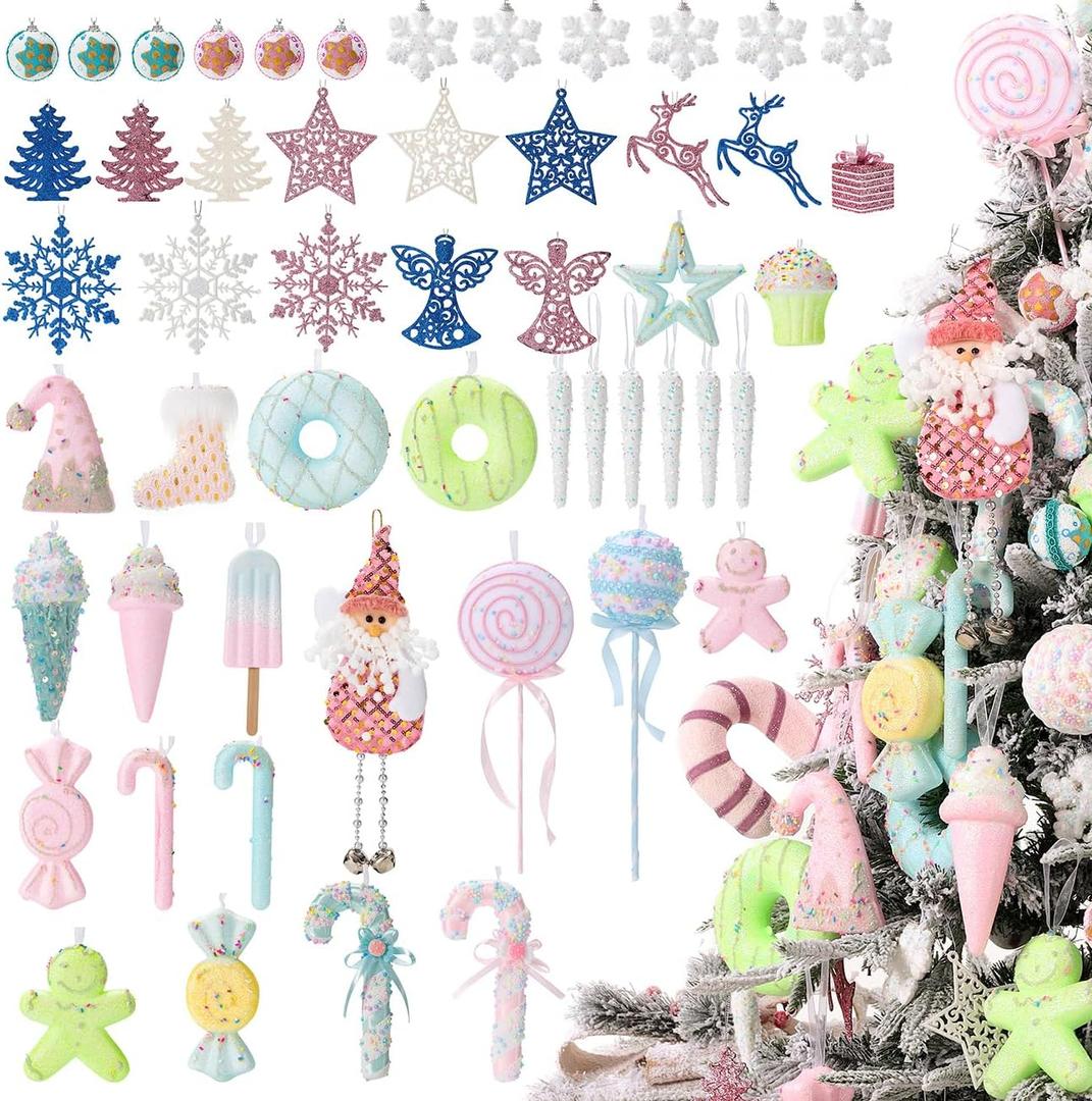 LANGXUN 52pcs Christmas Tree Decorations, 2024 New Cute Hanging Decor, Candy Land Tree Ornament Set for Indoor Home Party Gifts Xmas Holiday, Lollipops, Gingerbread, Snowman, Ice Cream, Snowflake