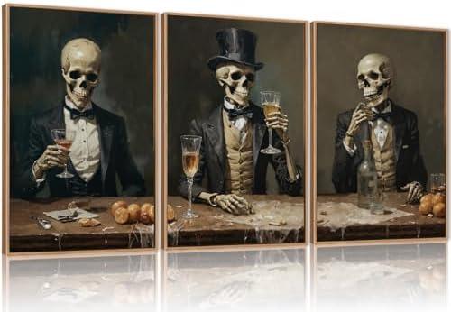 FWIEXA Halloween Skeleton Canvas Wall Art Set of 3, Gothic Skull Framed Painting Artwork, Dark Reaper Prints, Creepy Spooky Decor 24x36In for Party, Bar, Gift, Living Room, Bedroom
