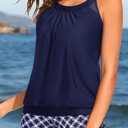 Yonique Tankini Swimsuits with Shorts - Tummy Control Two Piece Blouson Bathing Suits High Neck Swimwear (Blue, L)