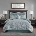 Madison Park Odette Cozy King Size Comforter Set Jacquard Damask Medallion Design - Modern All Season, Down Alternative Bedding, Shams, Decorative Pillows, King(104 in x 92 in), Aqua