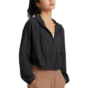 altiland Women's UPF 50+ Sun Protection Cropped Jackets Zip Up Cooling Shirt Athletic Workout Running Hoodie (Black) size 4