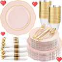 Liacere 350PCS Pink Plates Disposable-Pink Plates 50guest Baroque Plastic Dinnerware include 100Plates, 50Pack Pre Rolled Napkins with Silverware 50Cups Perfect for Valentine's Day Valentines Day