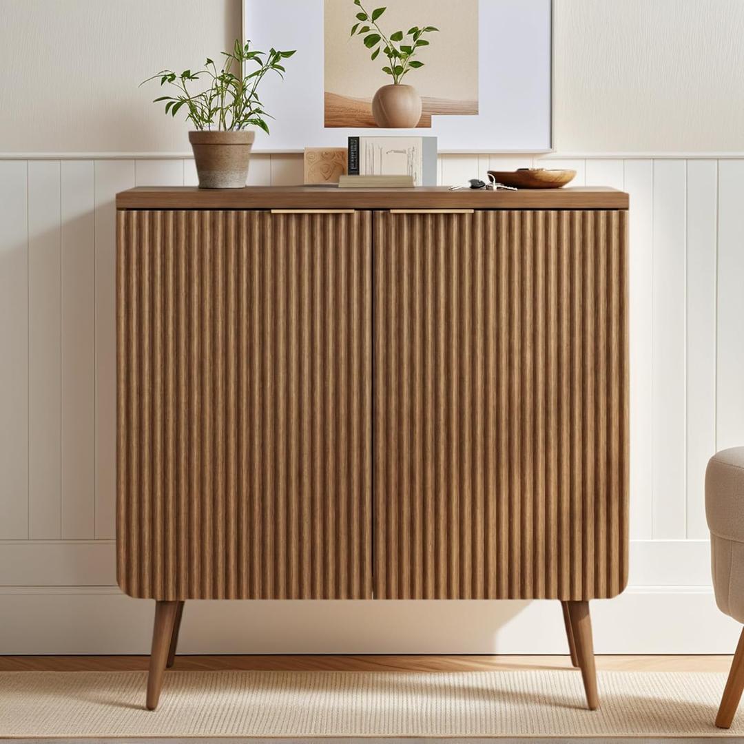 Natural Wood 29.5" Modern Fluted Sideboard  2-Door Buffet Cabinet with Adjustable Shelves, Multi-Space Storage Credenza for Living Room, Dining Room & Entryway (Walnut)