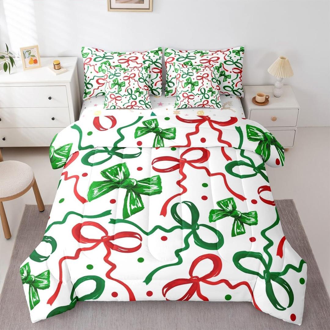 Erosebridal Green Red Ribbon Bow Full Bedding Set 7 Piece Xmas Coquette Bed in A Bag with Sheets Christmas Style Comforter Set for Kids Adults,Polka Dots Bed Sets
