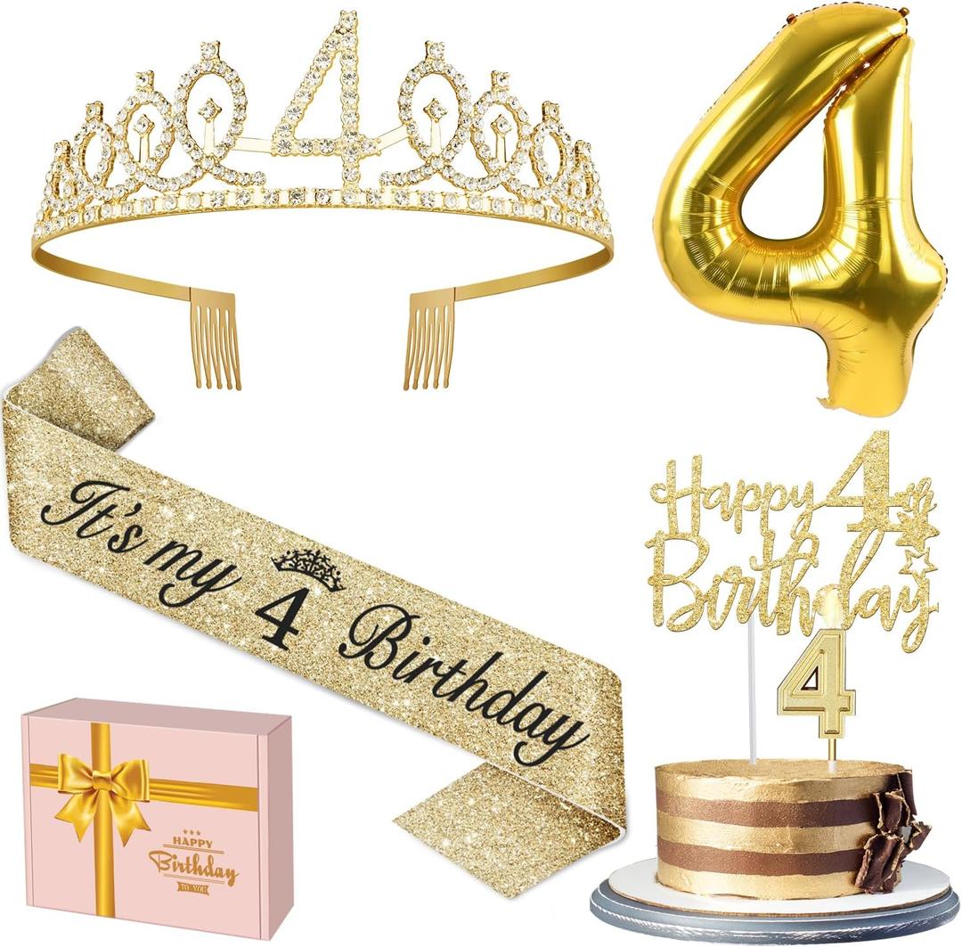 4th Birthday Decorations for Girl with 4th Birthday Sash and Crown, Candle and Cake Topper, Number Balloon, 4 Year Old Girl Gifts