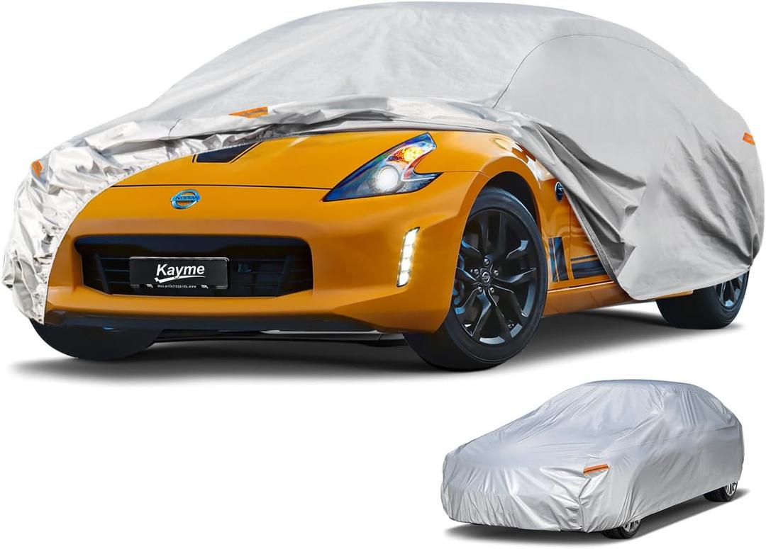 Kayme 6 Layers Car Cover Waterproof All Weather for Automobiles, Outdoor Full Cover Rain Sun UV Protection, Universal Fit for Nissan Versa/350Z/370Z, Porsche 718 Cayman, Dodge Viper (Up to 177 inch) (Aluminum-Silver)