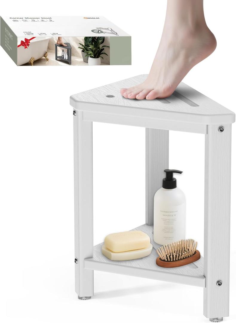 Shower Foot Rest 15in, HDPE Waterproof Shower Stool for Inside Shower, Corner Shower Stool for Shaving Legs with Storage Shelf for Small Space, Shower Step Stool, Plastic Corner Shower Bench, White
