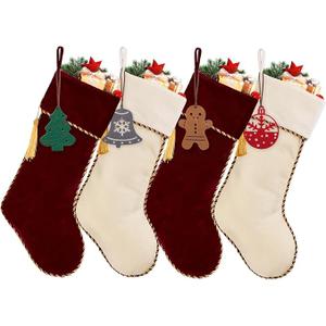 HiPeep 4 Pack Christmas Stockings, Red and White Luxury Velvet Christmas Stocking Set, Xmas Stocking for Fireplace, Tree Decorations