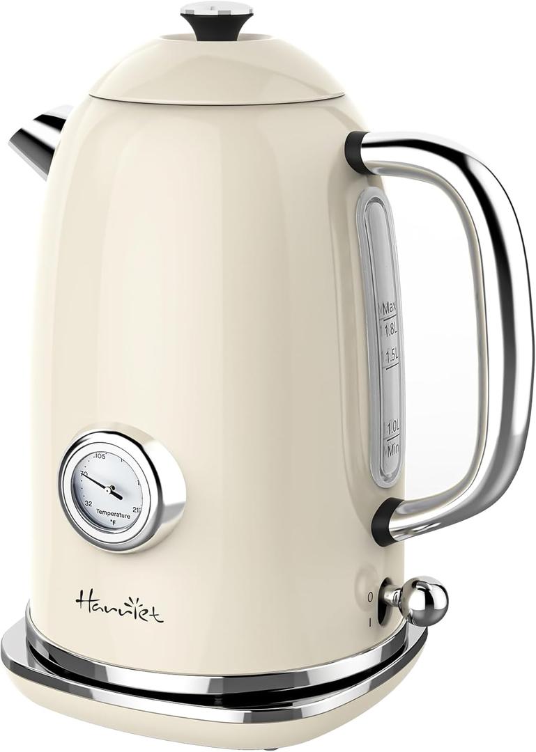 Harriet Electric Kettle, 1.8L Retro Electric Tea Kettle with Thermometer, 1500W Stainless Steel Hot Water Kettle Electric with LED Indicator, Fast Boiling, Cordless, Auto ShutOff, Beige White