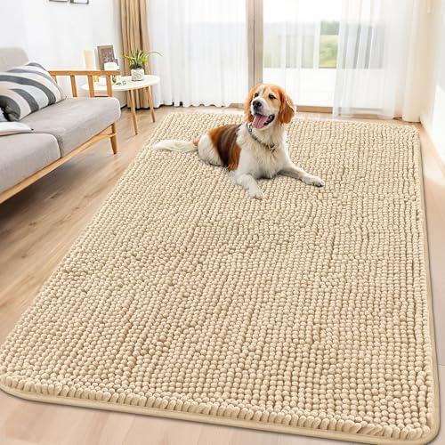 Smiry Dog Door Mat for Muddy Paws 70x32, Absorbs Moisture and Dirt Doormat, Non-Slip Washable Quick Dry Chenille Front Door Mat Indoor Entrance, Entryway Carpet for Inside Floor, Beige