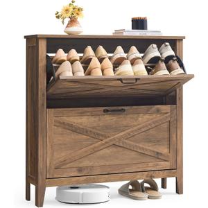 VASAGLE LIRY Collection - Shoe Storage Cabinet Organizer with 2 Flip Drawers, Freestanding Narrow Shoe Rack Cabinet for Entryway, Farmhouse Style, Fits 12 to 16 Pairs, Honey Brown UHSC201K01