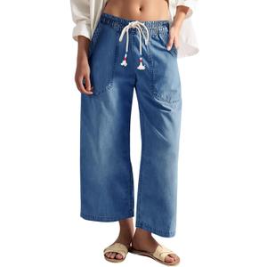 Cicy Bell Women's Wide Leg Jeans Casual Drawstring High Wasit Boyfriend Loose Baggy Capri Denim Pants with Pockets Size 8