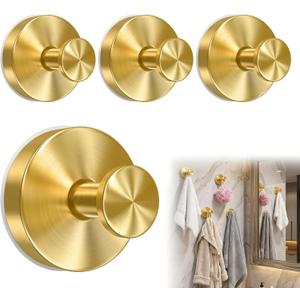 4 Pack Suction Cup Hooks for Shower, Removable Shower Hooks for Inside Shower, Metal Towel Hooks for Bathrooms, Suction Cups for Glass Door, Window, Wall, Mirror, Bathroom, Wreath Hangers (Gold)