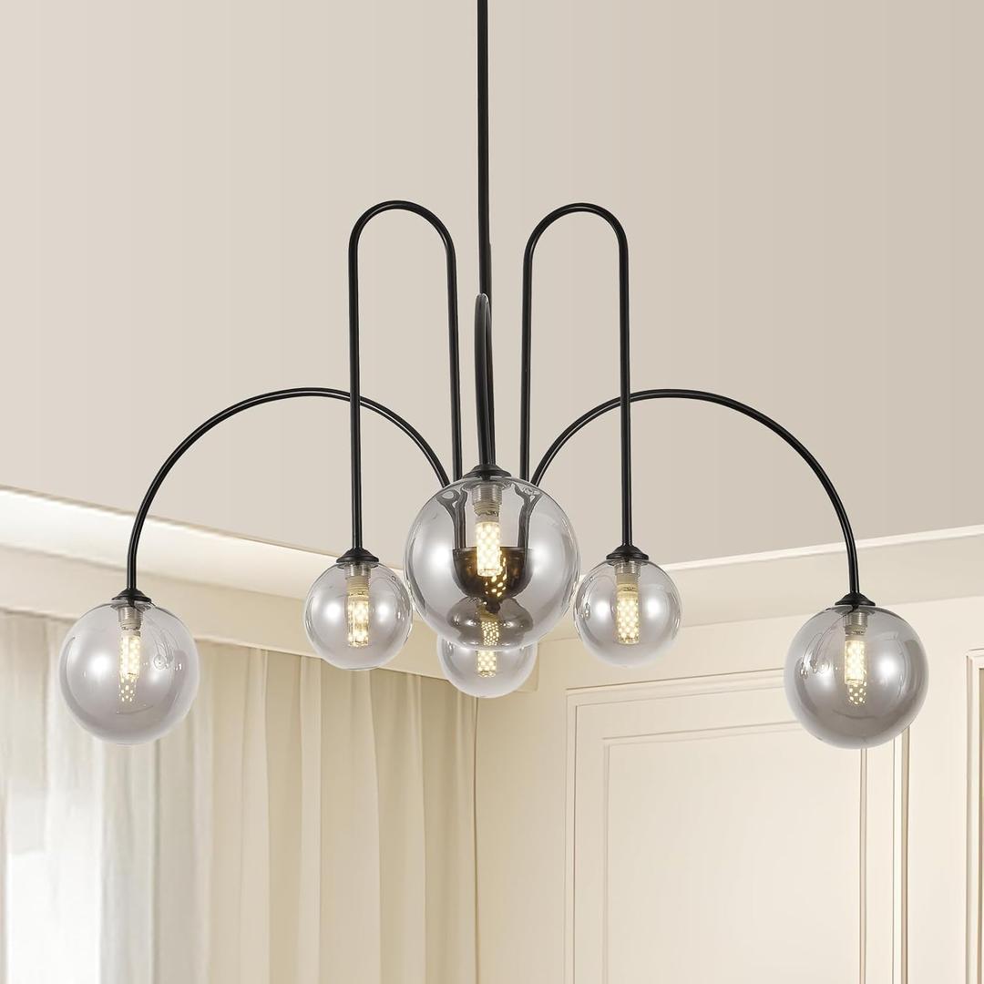 Black Sputnik Chandelier, 6 Light Mid Century Modern Chandeliers, Dining Room Chandeliers with Smoke Gray Glass Globe Shade, Globe Chandelier for Dining Room, Living Room, Bedroom, Kitchen