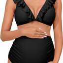 Summer Mae Maternity High Waist Swimsuit Two Piece Ruffle Bikini Bathing Suit Floral V-Neck Pregnancy Swimwear Medium, Black