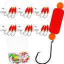 Pompano Rig Saltwater Surf Fishing Rigs Double Drop Leader Rigs with Hooks, Floats, Beads & Snap Easy Pre-Tied Terminal Tackle for Pompano, Whiting, Redfish (Triple Dropper Loops-6 Pack), Red