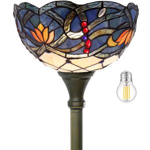 WERFACTORY Tiffany Floor Lamp Torchiere Blue Lotus Stained Glass Light