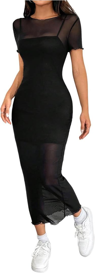 SweatyRocks Women's See Through Mesh Short Sleeve Crewneck Bodycon Maxi Dress Clubwear (Large, Black)