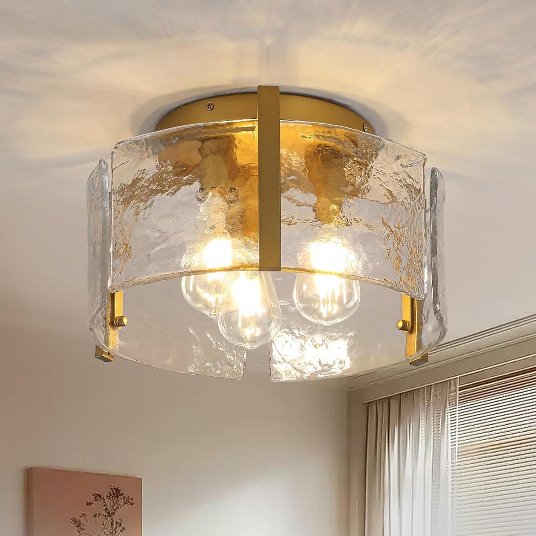 GZDEZCL Gold Semi Flush Mount Ceiling Light, Modern Light Fixtures Ceiling Mount 3Light Glass Kitchen Light Fixtures for Hallway, Entryway, Foyer, Laundry Room, Bedroom, Bathroom