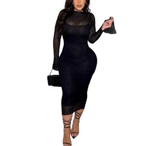 CALEBGAR Women's Elegant Bodycon Midi Dress Lace Sheer Mesh Long Sleeve Slim Fit Long Dress Party Cocktail Wedding Guest Dress Black Size M
