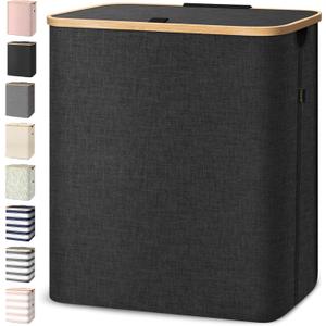 BALEINE Laundry Hamper with Lid, Tall Laundry Baskets with Bamboo Pull Handles, Large Laundry Bin with Internal Support (36 Gal/140L, Black)