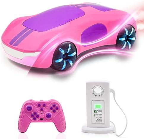 Punieayi Remote Control Car with Charging Station, 2.4GHz Rechargeable RC Cars with Lights Dual Spray & Sound, Electric Drift Race RC Stunt Car for Kids 6 7 8-12 Year Old Boy Girls, Pink