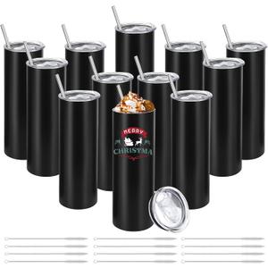 YOUKE OLA 12 Pack Stainless Steel Skinny Tumblers Bulk Straight Double Wall Insulated Tumbler with Lid and Straw for, DIY, Black, 20oz