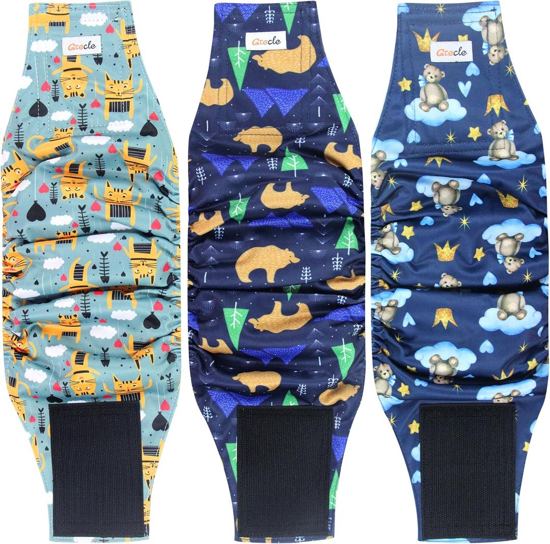 Grecle Reusable Dog Diapers Male 3Pcs, Premium Washable Belly Bands for Male Dogs Large, High Absorbing Male Dog Wraps for Doggie & Puppy in Incontinence, Excitable Urination and Training (Bear, L)