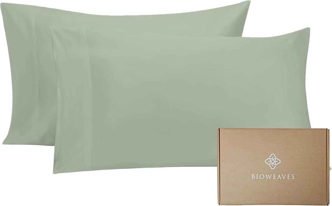 Bioweaves 100% Organic Cotton Pillow Cases 300 Thread Count Soft Sateen Weave GOTS Certified  Standard/Queen Size, Set of 2, Basil