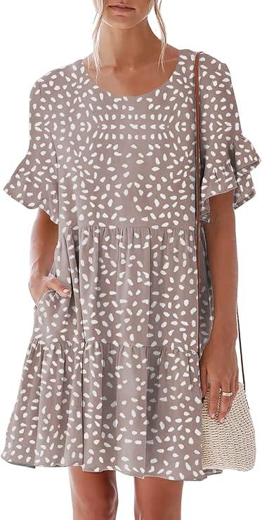 Nclook Womens Summer Casual Dresses Sweet Cute Crew Neck Mini Dress with Pockets Ruffle Short Sleeve, Khaki, S 