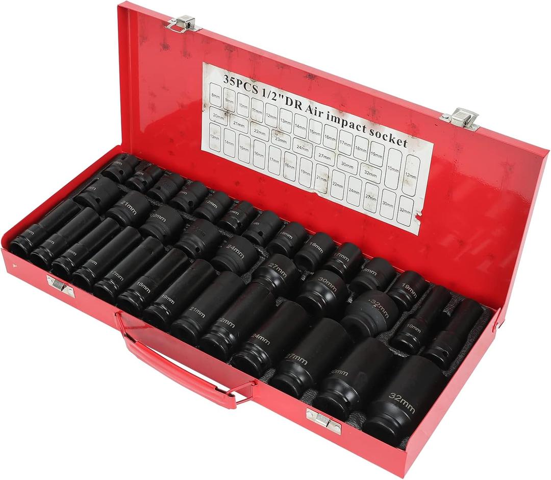 TYFYB 35pcs 1/2 Inch Drive Deep Impact Socket Tool Set Metric Garage Workshop Tools,Heavy Duty Impact Socket Set with Portable Case, Red