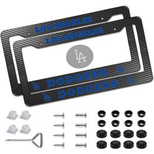 2Pack Carbon Fiber License Plate Frames for Dodgers, Black Aluminum Front & Rear Car Tag Holder Cover, Heavy Duty License Plate Bracket Car Accessories