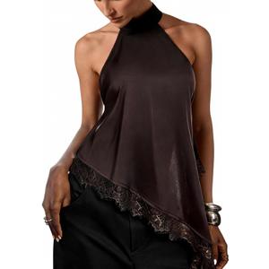 Verdusa Women's Y2k Tops Satin Rave Club Lace Halter Top Tie Backless Cami Asymmetrical Going Out Outfits (Brown, XS)