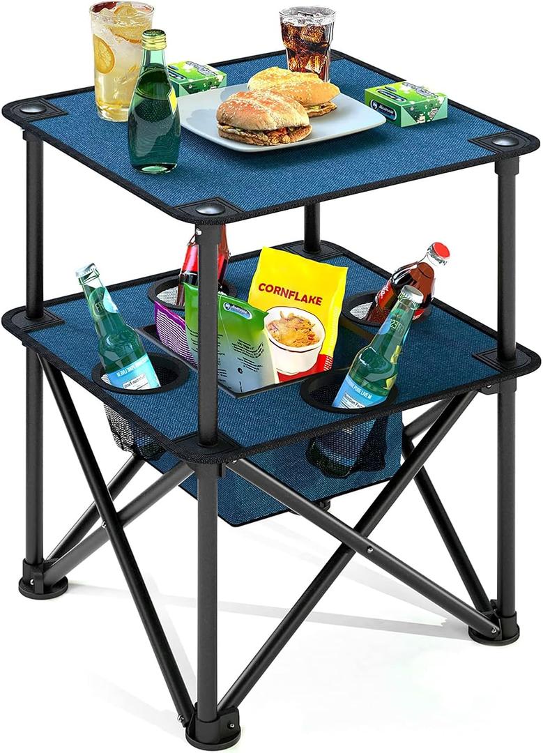 Folding Camping Table, Portable Outdoor Picnic Table, Lightweight Square Camp Table with Built-in 4 Cup Holders Food Basket and Travel Bag for Barbeque Beach Camping and Tailgate Blue, 18.9'' * 18.9'' * 23.6''