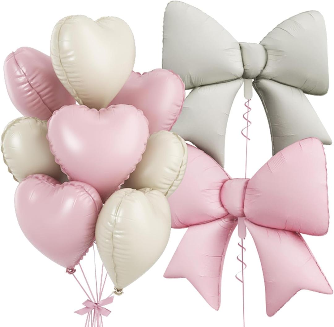 Cream Pink Heart Balloons, Pink Bow Balloons, 10Pcs 18 Inch Heart Shaped Balloon and 38 Inch Helium Bow Foil Balloon for Girl Women Birthday Valentine's Day Proposal Wedding Baby Shower Party Decor