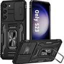 ANGELAS Shockproof Phone Case for Samsung Galaxy S23 - Silicone TPU Bumper with Anti-Fall Protection,Slide Camera Cover & Rotating Ring Kickstand,6.1Inch,Black