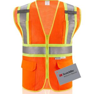 3M High Visibility Reflective Safety Vest with Zipper and Pockets Orange,3XL