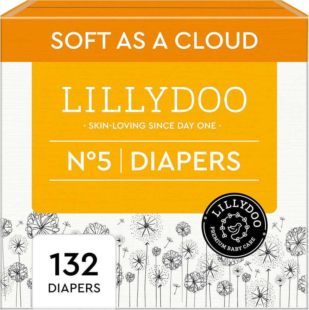 LILLYDOO Baby Diapers - Size 5 (24+ lbs), Monthly Supply (132 Count), Leak Protection, Skin-Friendly, Ultrasoft, Perfume- & Chlorine-Free, Hypoallergenic, Dermatologist Tested, Oeko-TEX