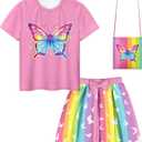 LQSZ Girls Outfit Summer Party Dress T-Shirt Skirts With Bag 3-Piece Set Back to School TuTu for Toddler Kids 4-12Years (Pink)