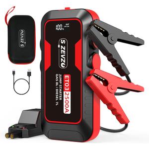 S ZEVZO ET03 Car Jump Starter 2500A Jump Starter Battery Pack for Up to 8.0L Gas and 7.0L Diesel Engines, 74Wh Portable 12V Jump Box with USB Ports, LCD Display, Storage Case, and LED Light