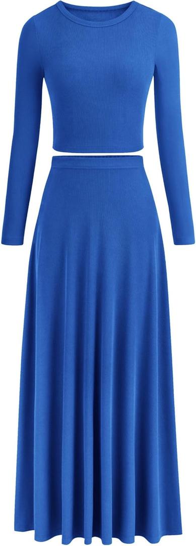 PRETTYGARDEN Women's Spring 2 Piece Outfits Dressy Casual Ribbed Knit Long Sleeve Crop Tops Maxi Flowy Skirts Matching Sets (Medium, Blue)