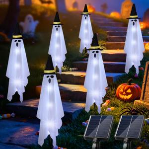 6 Packs 23FT Solar Halloween Decorations Ghost Lights Outdoor 8Mode White