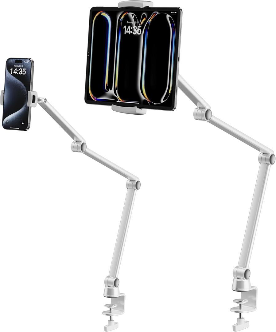 LULULOOK iPad Stand, Aluminum Alloy Mount - Adjustable for Desk, Compatible with iPad Pro 12.9, Mini, Galaxy Tabs, iPhone 16 Pro Max, Kindle, Tablet 4.7"-13" (2 Clips) (White)