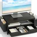 Desk Organizer and Accessories, 2-Tier Computer Monitor Stand Rise with Storage Drawer & 2 Pen Holders, Laptop & Printer Stand for Desktop, Workspace Organizers for Office Supplies (Black Wood)