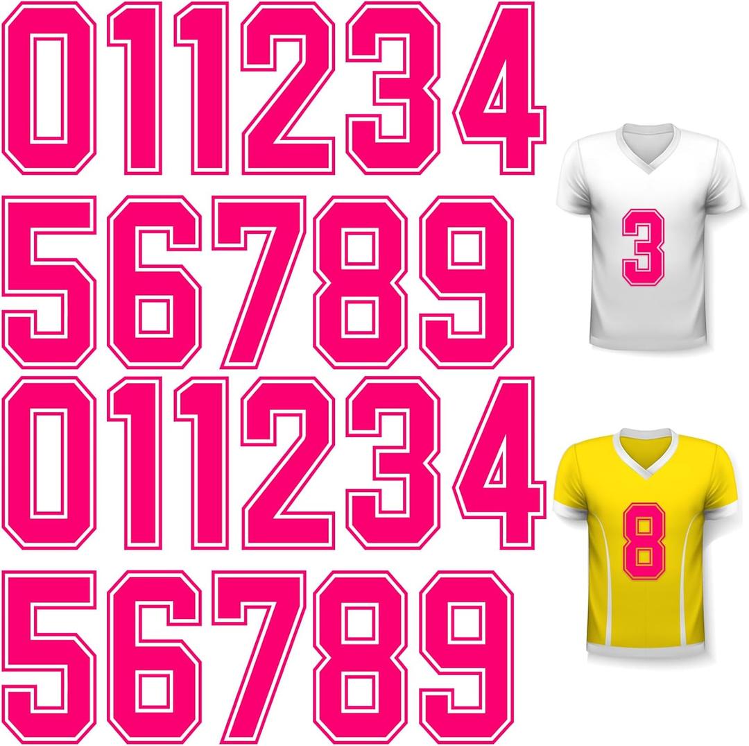 WILLBOND 24 Pcs Iron on Numbers, Jersey Heat Transfer Numbers 0 to 9 for Team Uniform T-Shirt Football Basketball Baseball(Rose Red with White Border,8 Inch)