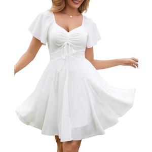 Florboom Women's Summer Sweetheart Neckline Drawstring Dress Tie Back Flutter Short Sleeve Mini Dresses XL