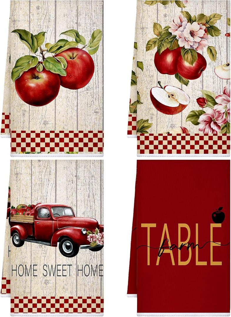 Bencailor 4 Pcs Fruit Kitchen Towels Apple Watermelon Dish Hand Towels Absorbent Tea Dishcloth for Summer Kitchen Bathroom Home Decor, 15.75 x 23.62(Classic Color,Apple)