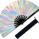 Large Rave Fan, Clack Folding Hand Fan with Premium Fabric, Thick Bamboo Frame for Men Women Gift for EDM, Festival, Club, Party, Dance, Decoration (Holographic Silver, 13")